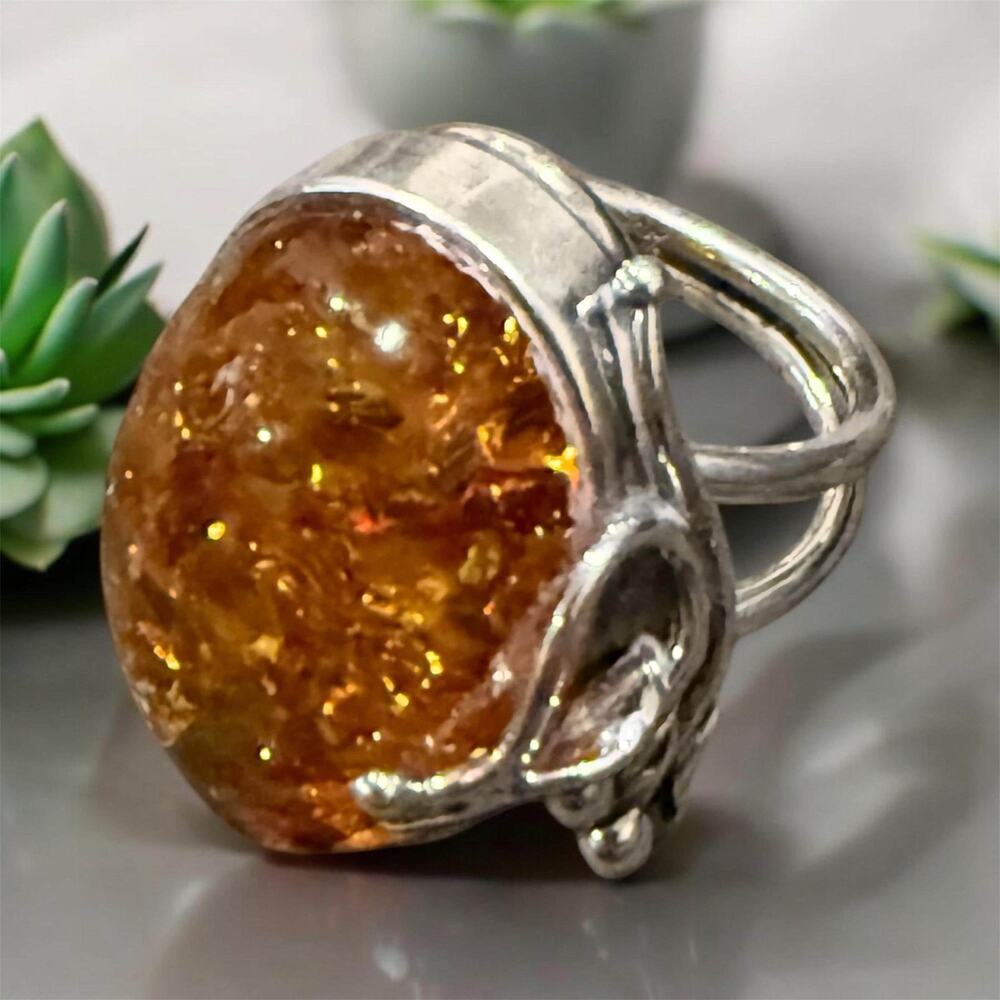 baltic amber and silver ring large stone  sterling silver vintage jewelry size 6